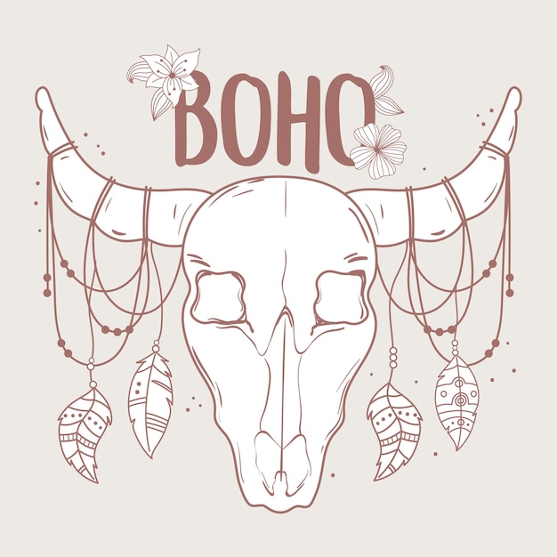 Native bull skull with feather and flower boho and tribal  illustration