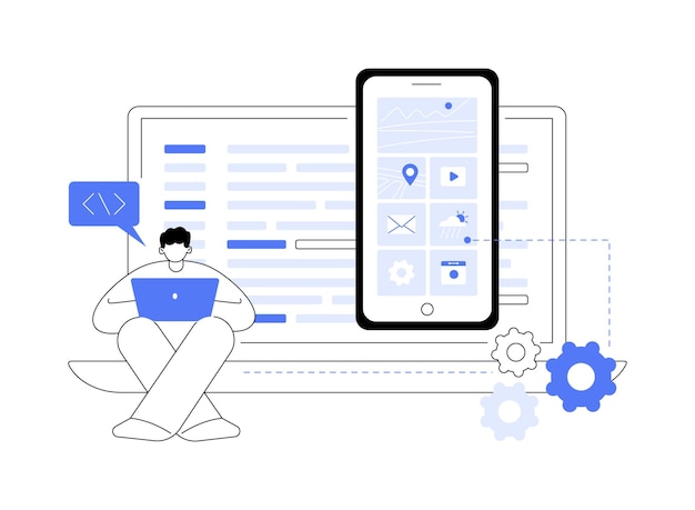 Illustrazione vettoriale del concetto astratto dell'app mobile nativa uomo con laptop e smartphone che codifica app native lo sviluppo di applicazioni tecnologiche it ottimizza la metafora astratta dell'esperienza dell'utente