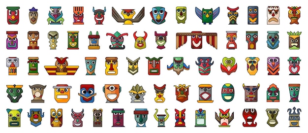 Native totem vector color set iconVector illustration animal mask on white backgroundIsolated set icon native totem