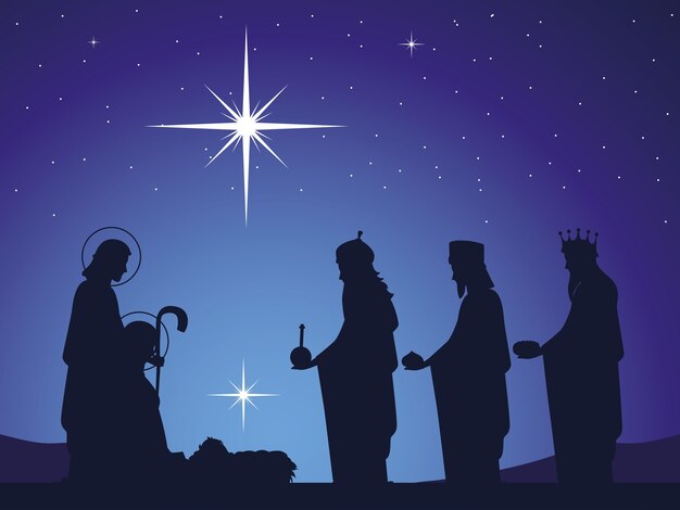 Vector nativity, baby jesus in the manger with joseph mary and wise kings, glowing star in the sky