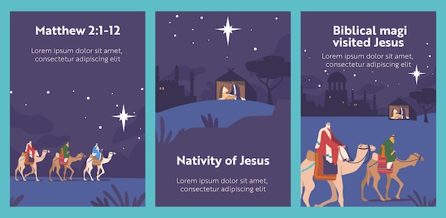 Vector nativity of jesus cartoon banners with magi on camels travel by night to visit newborn king biblical religious posters