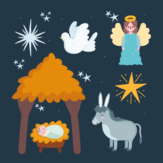 Nativity, manger baby jesus hut donkey angel and star cartoon   illustration