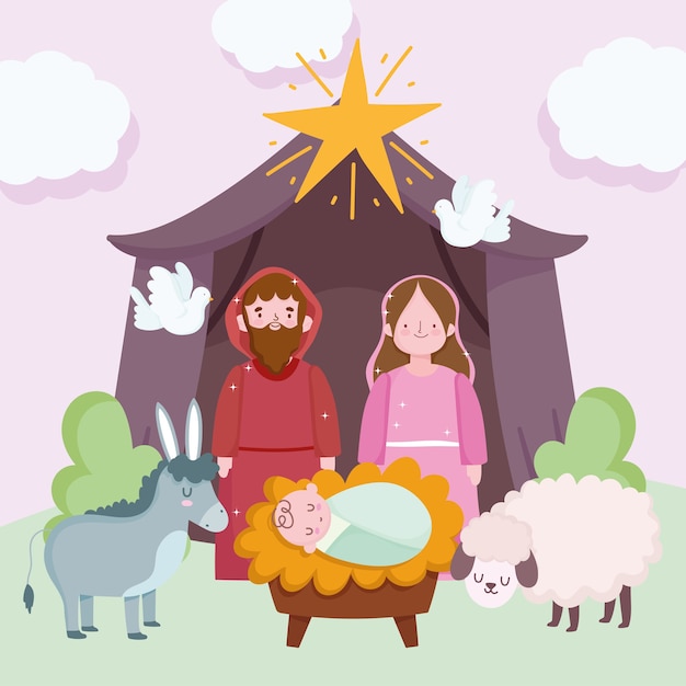 벡터 성탄절, 구유 귀여운 거룩한 가족과 오두막 만화 벡터 일러스트 레이 션의 동물