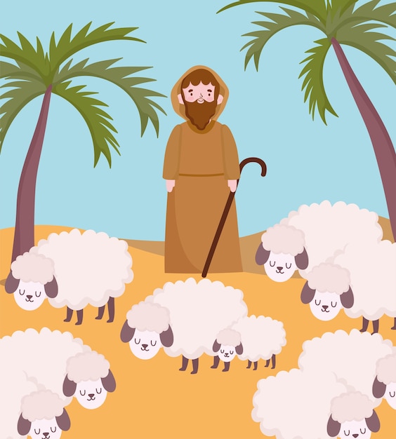 Vector nativity, manger shepherd with sheeps in desert cartoon   illustration