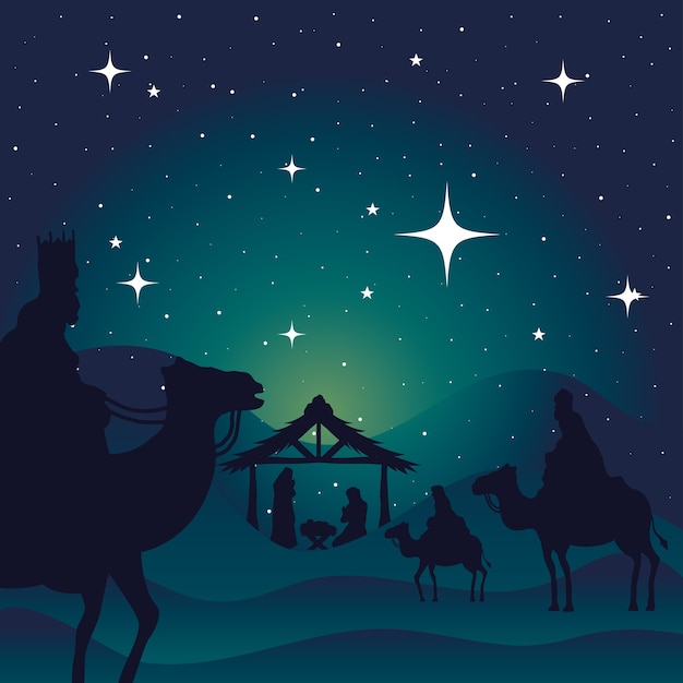 Vector nativity mary joseph baby and wise men on green background design, merry christmas theme