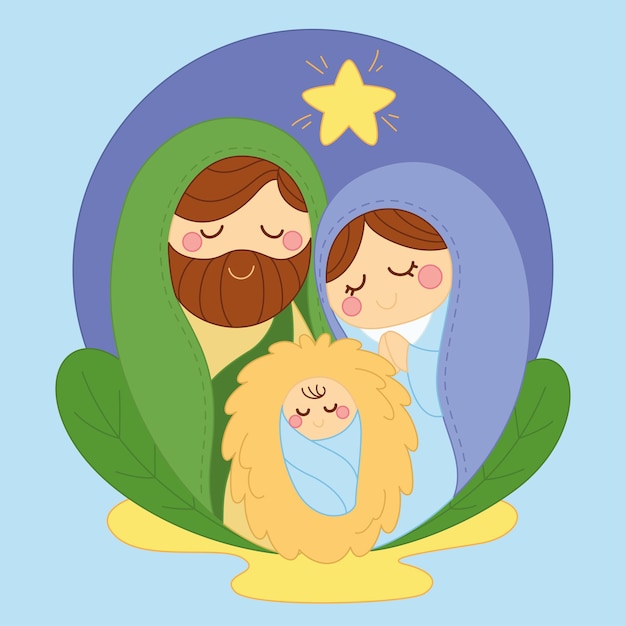 Мультяшный вертеп "Младенец Иисус Иосиф и Мария Вектор"