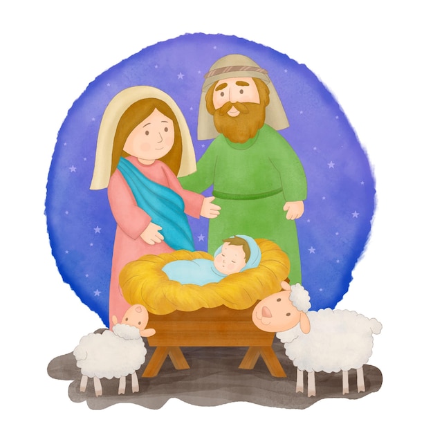 Vector nativity scene christmas manger scene with jesus mary  joseph and sheep