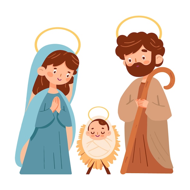 Nativity scene for ChristmasTraditional christian illustration of Baby Jesus with Mary and Joseph