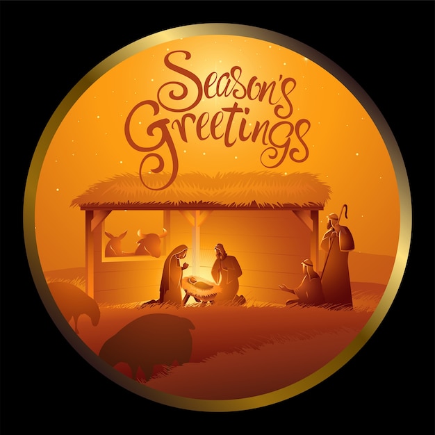 Vector nativity scene of the holy family in stable in circle frame for christmas theme