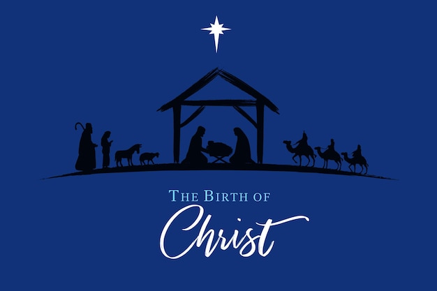 Nativity scene silhouettes of Jesus in manger, shepherds and wise men. Birth of Christ celebration.