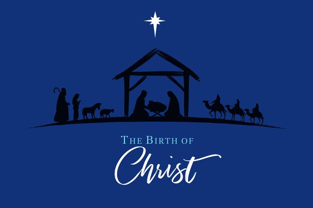 ベクトル 飼い葉桶、羊飼い、賢者のイエスのキリスト降誕シーンのシルエット。キリストの誕生のお祝い。