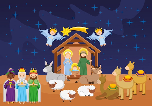 向量与婴儿耶稣基督诞生场景卡通。