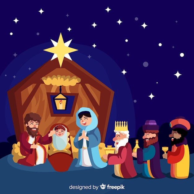 Vector nativity scene with three wise men