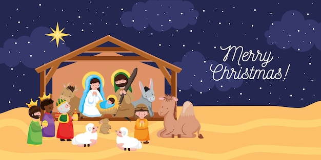 Vector nativity scene with wise men and animals