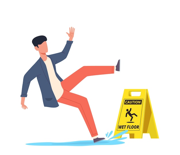 Natte vloer. Vallende man glijdt uit in water, uitglijden en ondergang, gewond onevenwichtig karakter, persoonlijk letsel, gevaarlijk laten vallen, voorzichtigheid gevaar geel teken cartoon vector concept