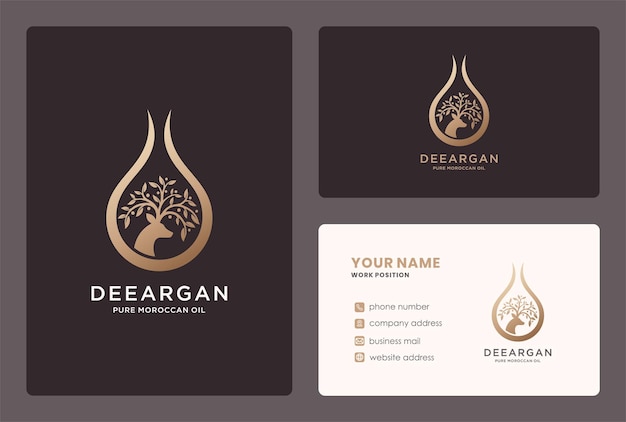 Vector natural argan oil drop logo design with branch and deer element.