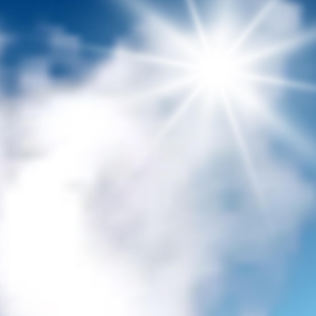 Vector natural background with clouds and sun on blue sky. realistic cloud on blue backdrop. vector illustration