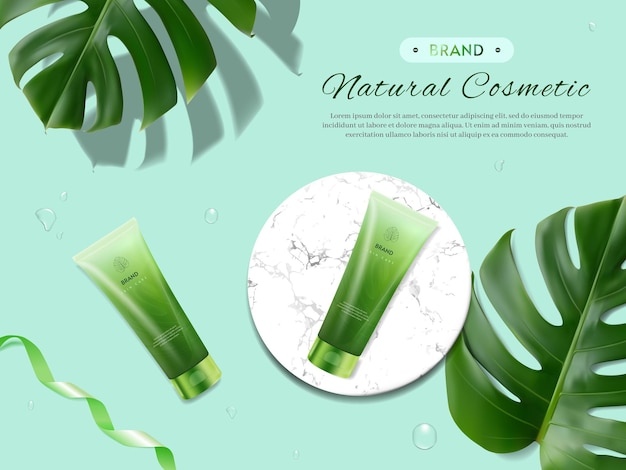 Vector natural beauty cosmetic with skin care product on green background