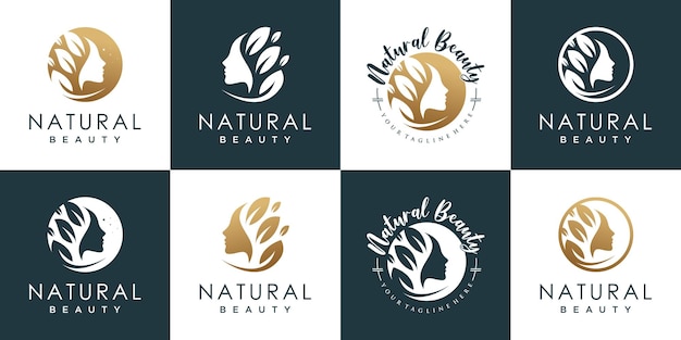 女性の顔と葉の要素を持つ自然の美しさのロゴデザインコレクション Premiumベクター