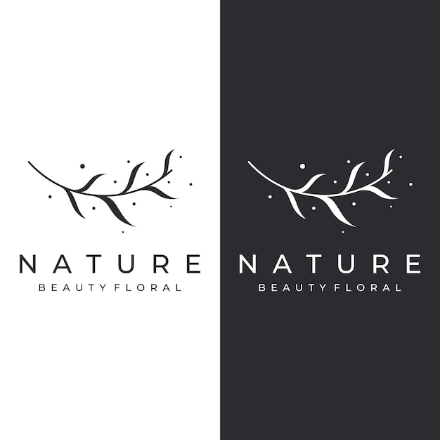 Natural botanical logo organic template vector design with leaves flowers stems with minimalist outline elegantsuitable for beauty badgewedding and business