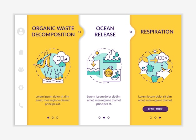 Modello vettoriale di onboarding delle fonti naturali di anidride carbonica. sito mobile reattivo con icone. procedura dettagliata della pagina web in 3 schermate. concetto di colore in decomposizione dei rifiuti organici con illustrazioni lineari