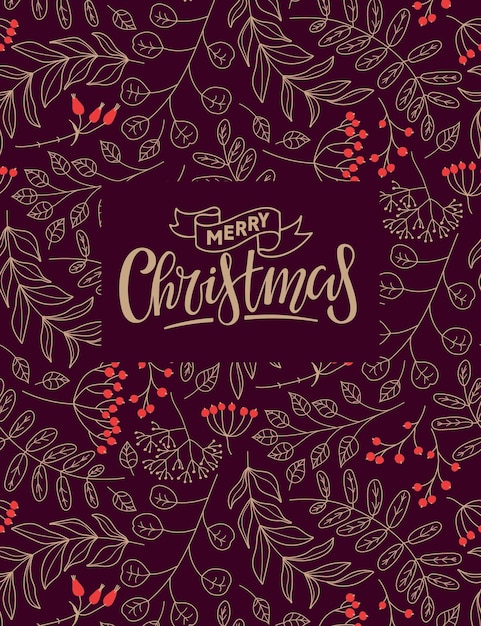 메리 크리스마스 글자와 빨간 딸기와 황금 나뭇가지와 자연 카드. 꽃 프레임