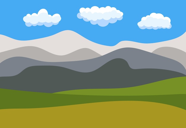 Natural cartoon landscape in the flat style with blue sky, clouds, hills and mountains. Vector illustration