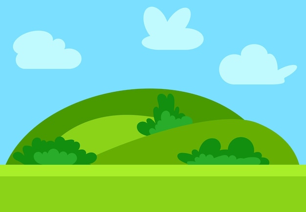 Natural cartoon landscape in the flat style with green hills,\
blue sky and clouds at sunny day. vector illustration