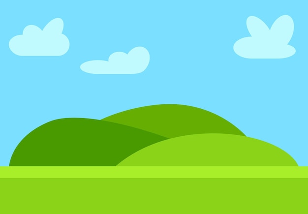 Vector natural cartoon landscape in the flat style with green hills blue sky and clouds at sunny day vector illustrationxa