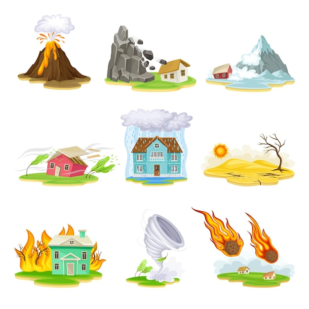 Вектор Иллюстрации природных катаклизмов с засухой и вулканическими извержениями