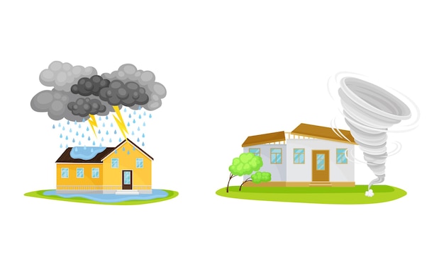 natural cataclysms with thunderstorm and tornado vector set