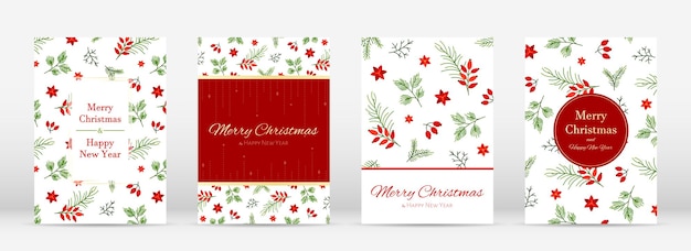 Natural Christmas card spruce fir berry branch flat set Traditional holiday palette white red green plant briar poinsettia spruce gold beads star lettering font elegant greeting gift label isolated