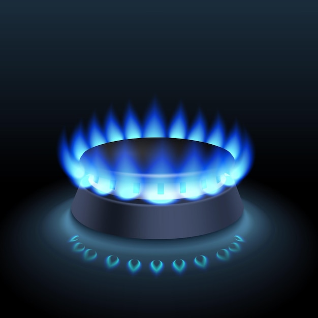 Vector natural clean gas blue fuel flame from the burner on a dark background side view