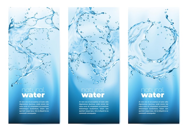 Vettore spruzzi trasparenti realistici di acqua pulita naturale