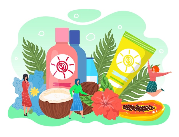 Banner cosmetico naturale con piante frutti e fiori disegno di illustrazione vettoriale piatto ragazze minuscole