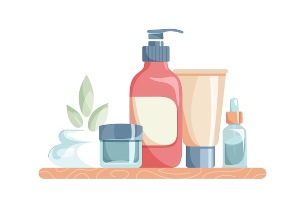 natural cosmetic standing on shelf bottles jars tubes of lotion cream oil scrub serum gel on white