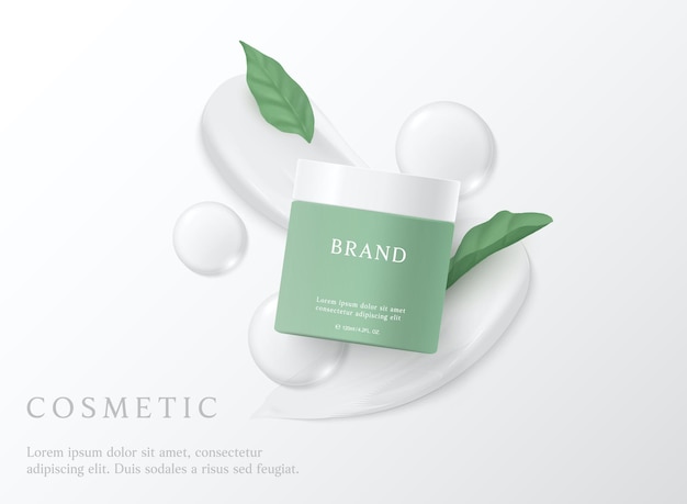 Vettore cosmetici naturali e modello di annunci di prodotti per la cura della pelle su sfondo bianco con foglie
