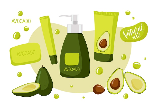 Cosmetici naturali con avocado crema di avocado maturo intero e affettato o shampoo scrub