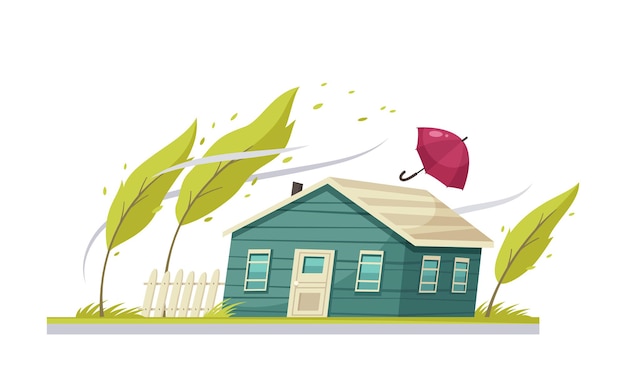 Vector natural disaster cartoon composition with nodded house trees and umbrella flying in wind vector illustration