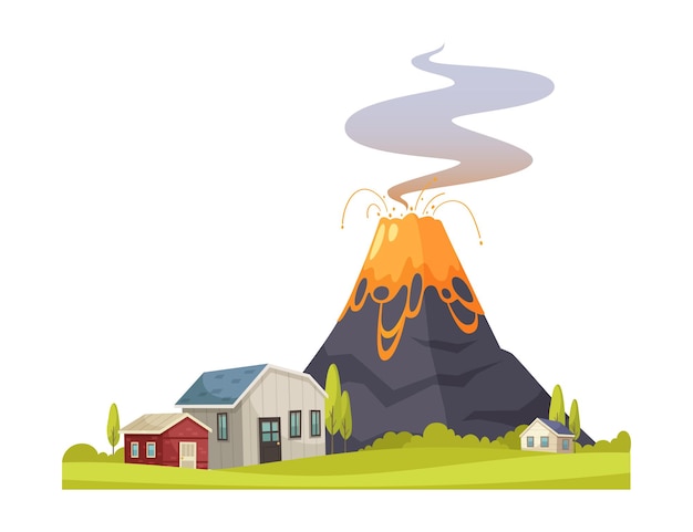 살아있는 주택과 분화하는 화산 벡터 삽화를 볼 수 있는 자연 재해 만화 구성