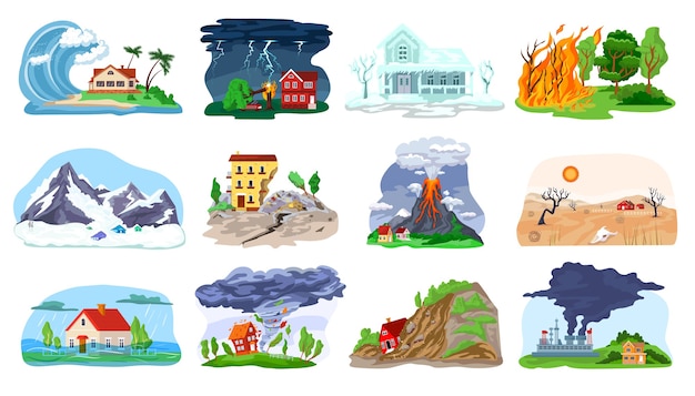 Natural disaster, catastrophe set of illustrations with tornado