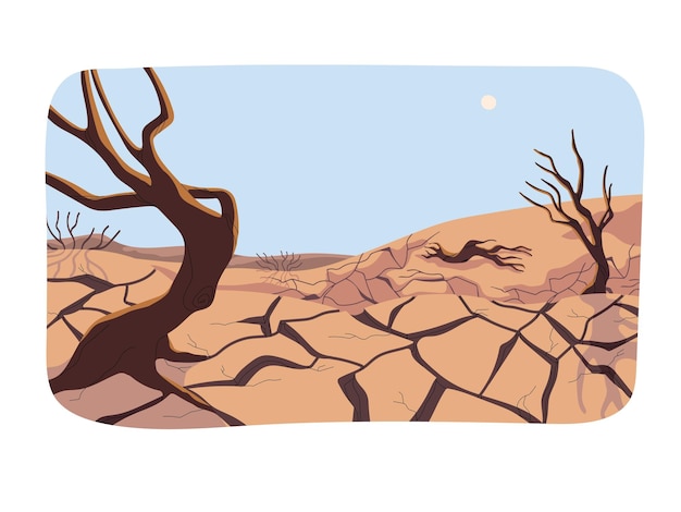 Natural disaster Extreme drought hazardous climate hot weather Unmanned desert cracked earth dry plants Wasteland landscape Global warming desertification heat Flat vector illustration