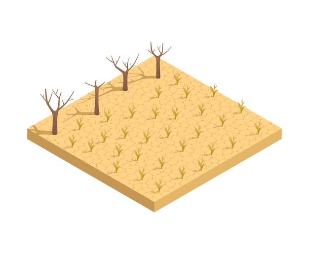 Vector natural disaster isometric composition with view of hard dry trees on rough land vector illustration