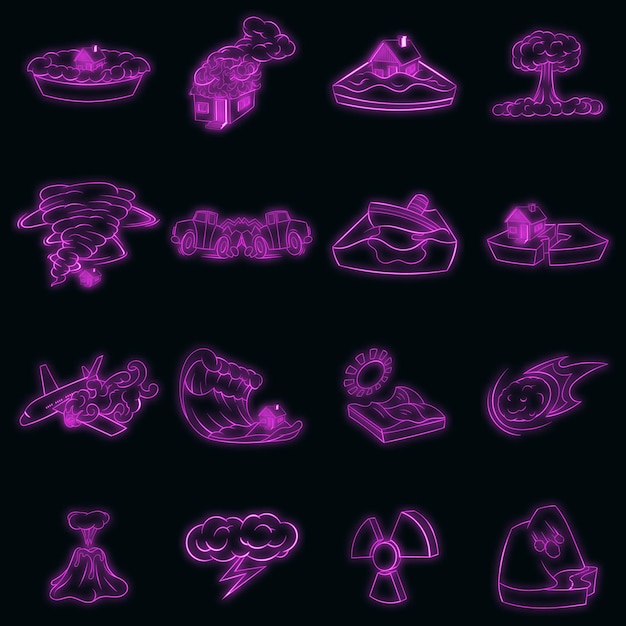 Natural disaster set icons in neon style isolated on a black background