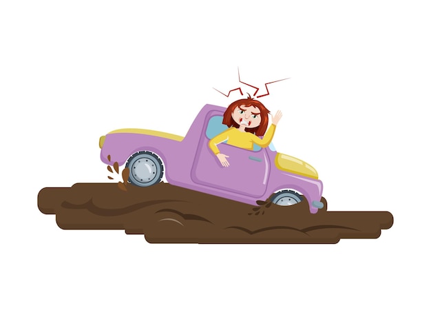 Vector natural disasters girl climbs out of window of car that has fallen into hole