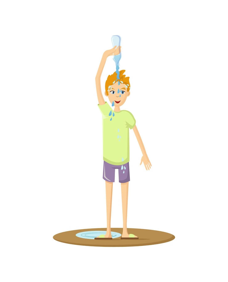 Vector natural disasters man drinks and pours water tormented by thirst