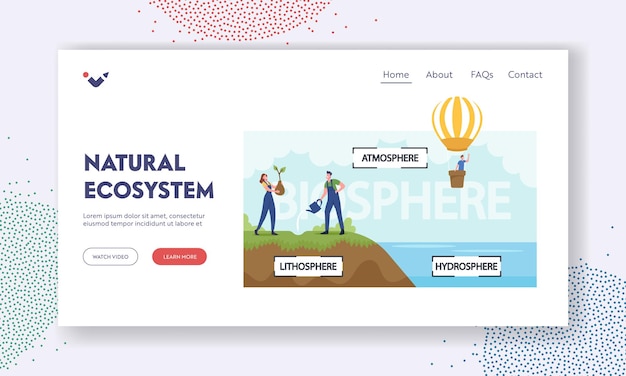 Natural ecosystem landing page template. earth biosphere infographics. atmosphere, lithosphere and hydrospehre. characters watering plants, flying on air balloon. cartoon people vector illustration