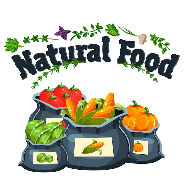 Natural food, farm products banner and bags with vegetables