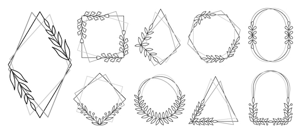자연 프레임 잎 꽃 블랙 라인 세트 기하학적 빈티지 모노그램 간판 텍스트 장식 아이콘 우아한 밑줄 봄 문장 패턴 스트로크 장식 엽서 식물 상징 흰색 절연