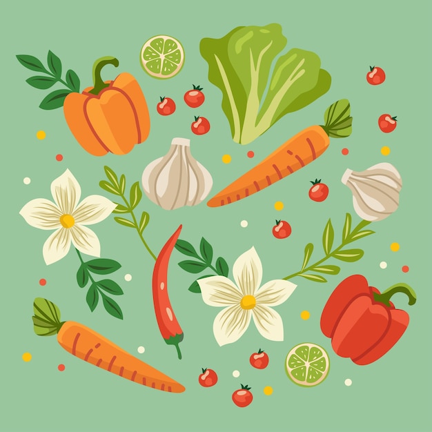 Vector natural fruits and vegetables ingredients illustration